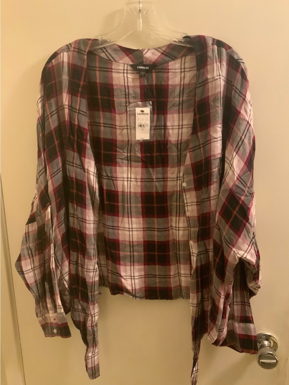 Express Women's Plaid Button-Up Blouse - Burgundy/Black/White